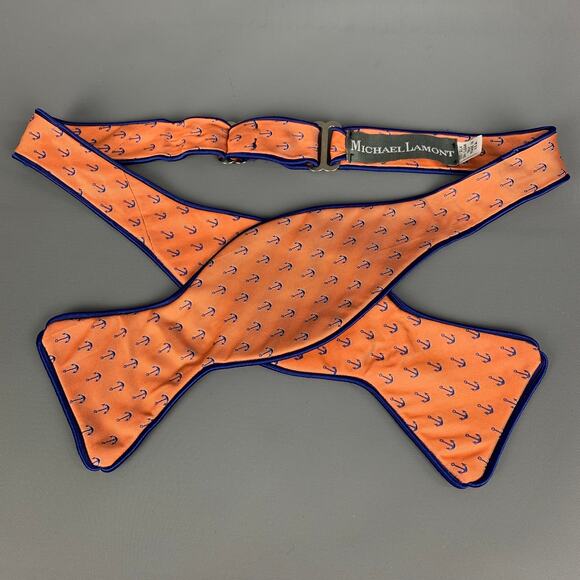 MICHAEL LAMONT Orange Navy Anchor Silk Adjustable Bow Tie - Picture 1 of 3